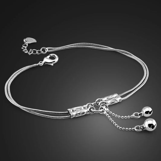 Fashion Cute Girl Bell Anklets Women Solid 925 Sterling Silver Snake Chain Anklets Contracted Double Chain 27cm Anklets Jewelry