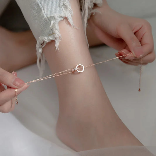 Anklet For Women Girl S925 Sterling Silver Rose Gold Color Steric Zirconia Adjustable Beach Style Foot Ankle Bracelet Jewelry