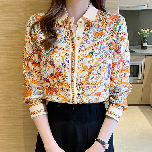 Fashion elegant Women Blouses flower printed ladies shirts New Spring Long Sleeve Tops Blusas Mujer