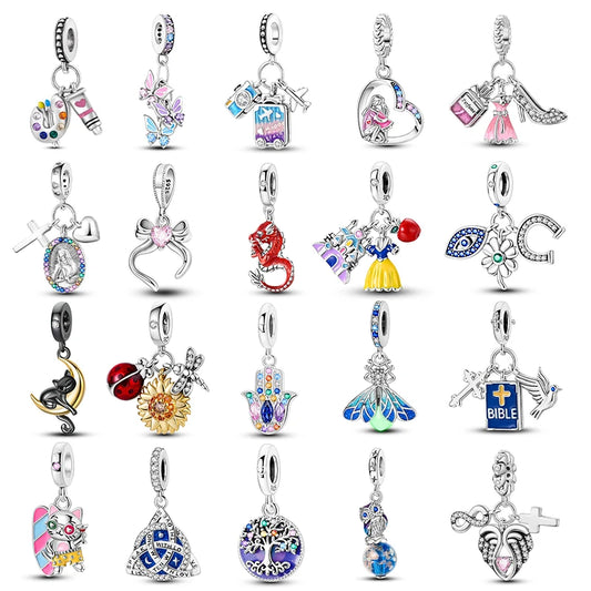 New 925 Pure Silver Angel Wings Heart Little Bird Black Swan Owl Sunflower Pendant Fits Original Bracelet Necklace Jewelry