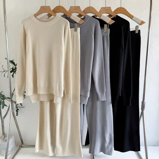 Thickened Knitted Long Sleeve Sweater and Wide Leg Pants Women’s Two-Piece Set Winter Casual Fashion Outfit