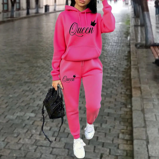 Queen Letter Graphic Print Women’s Hoodie and Pants 2-Piece Suit Autumn Winter Sports Jogging Aesthetic Tracksuit