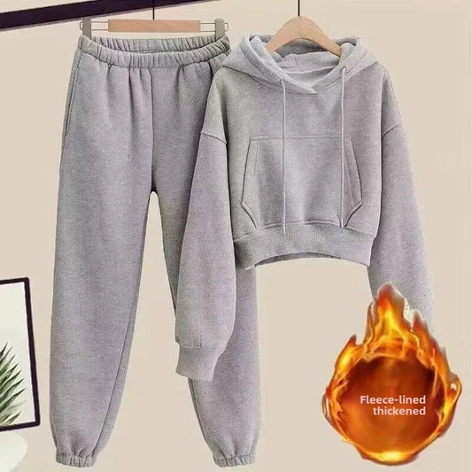 Petite Autumn Winter Women’s Fleece-Lined Thickened Hooded Sweatshirt and Jeans 2-Piece Winter Set