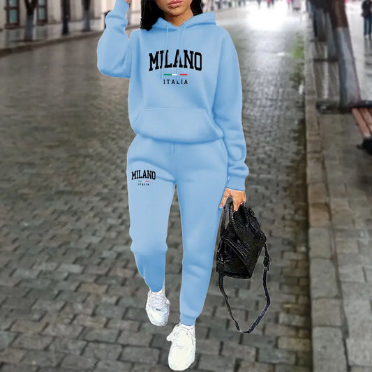 2025 Autumn Winter Women’s 2-Piece Tracksuit Hoodie and Pants MILANO Letter Print Aesthetic Sports Outfit