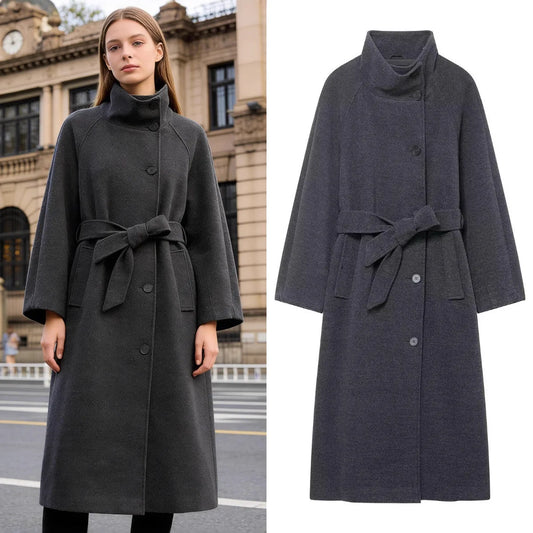 Women's Fashion Loose Coat Winter Retro Simple Classic Stand Collar Belted Outwear Single-Breasted Casual Solid Color Jacket