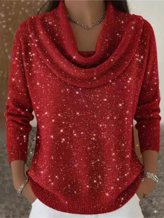 Fashion Sequins Knit Sweater Women Casual Pile Collar Long Sleeve Pullover Holiday Party Top