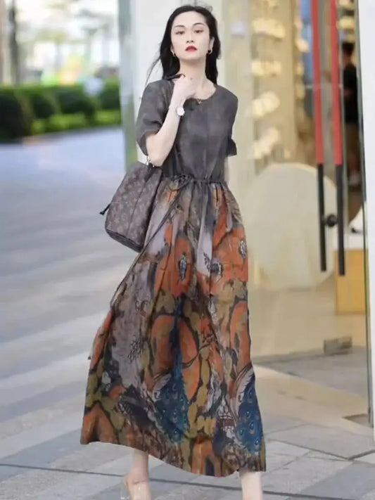 Fashionable Dress for Women 2025 Summer New Retro Drawstring Waist-hugging Long A-line Skirt