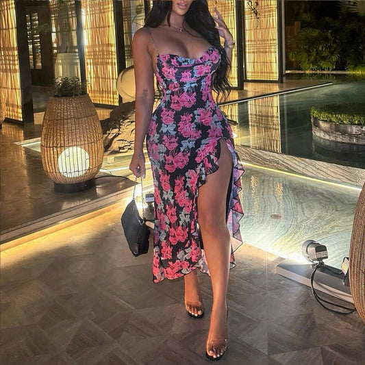 Women's fashionable beach retro floral print fashion dress with suspender dress