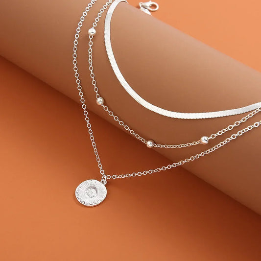 925 Sterling Silver Three-Layer Round Necklace for Women – Simple Snake and Charm Ball Chain Jewelry for Party and Gift