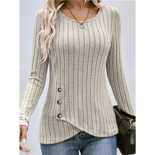 Autumn Winter Long Sleeve Round Neck Top Women Fashion Casual Irregular Solid Color Button Pullover T-Shirt