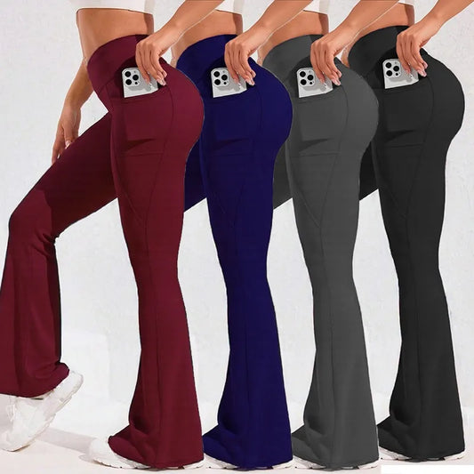 High Waist Flare Yoga Pants for Women – Wide Leg Running Tights with Pocket & Butt Lift