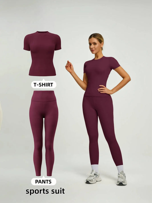 Women’s Short Sleeve Sporty Set High Waist Yoga Pants and T-Shirt Combo Fitness Gym Workout Outfit