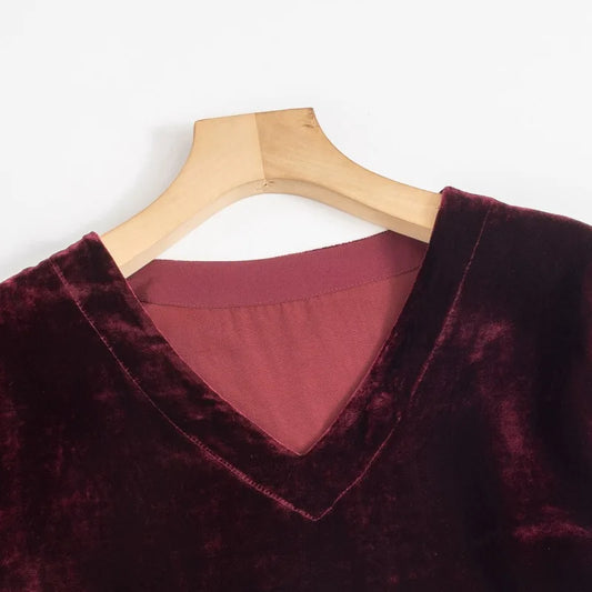 2025 Women's Fashion Spring/Autumn New Style 30% Natural Mulberry Silk Velvet Red Temperament Loose V-neck Versatile Party Dress