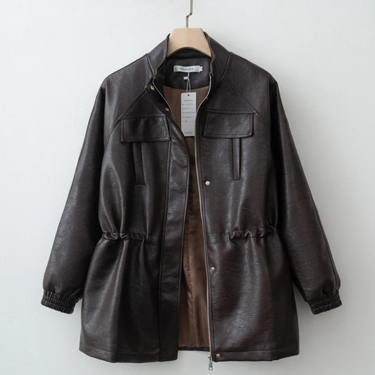 Women Fashion 2025 Fall / Autumn Pu Leather Jacket with Elastic adjustable waist Female Coat and Outerwear