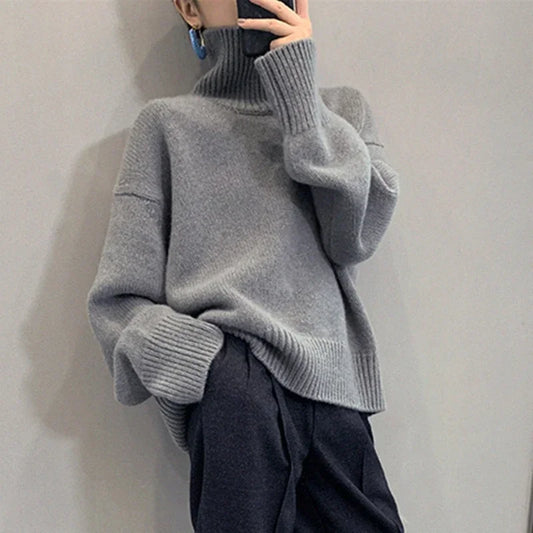 Women’s Turtleneck Long Sleeve Oversize Pullover Sweater Autumn Solid Gray Khaki Knitted Knitwear