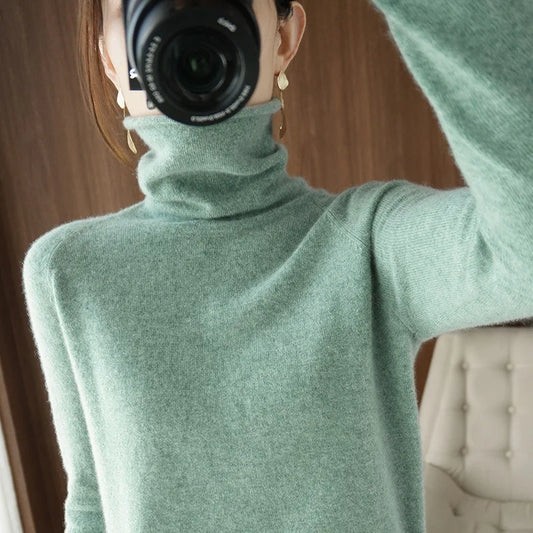 Women Winter Cashmere Turtleneck Sweater Korean Casual Solid Knitwear Brown Bottoming Pullover
