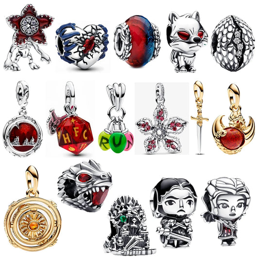 Game Theme 925 Sterling Silver Dragon, Egg, Throne, Night Light Heart, Ice Fire Bead, Wolf Head and Magic Flower Monster Charm