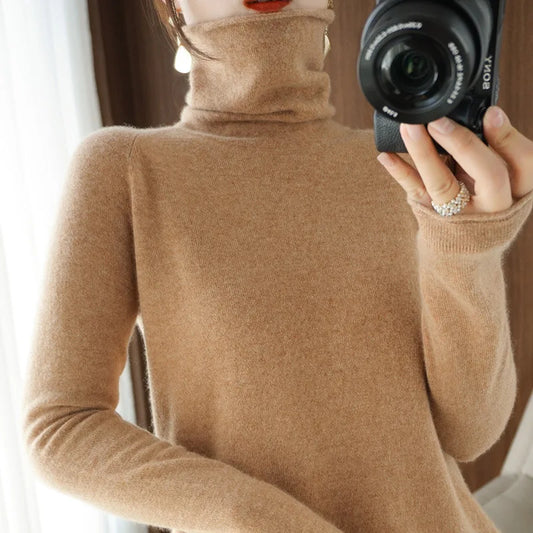 Women Winter Cashmere Turtleneck Sweater Korean Casual Solid Knitwear Brown Bottoming Pullover