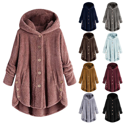 Autumn Winter Women’s Coat – Warm Wool Plush Hooded Jacket, Solid Color Female Outerwear