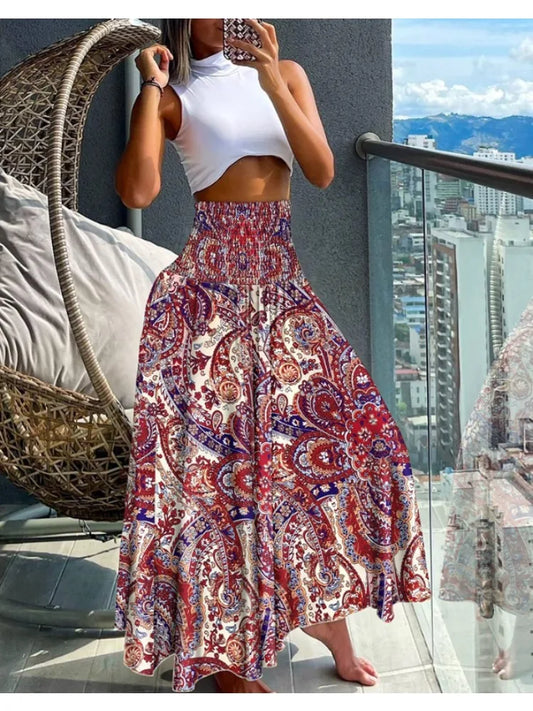 Women Fashion Floral Print Folds Bohemian Elastic High Waist Skirt Ladies Knee-Length Long Skirts For Women