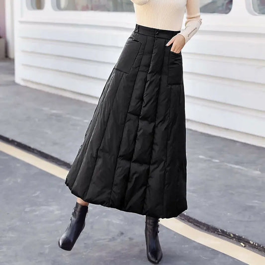 Women's Fashion Winter Skirt Windproof Warm Down Cotton Skirt Elegant High Waist Mid-Calf Quilted Padded Pocket Skirts