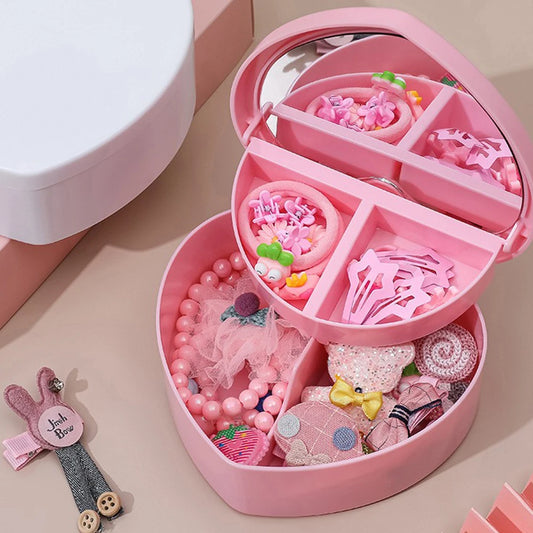 Hair Accessories Box Jewelry Storage With Mirror Pink Hair Clips Rubber Band Organiser For Girls Children Portable Travel Case