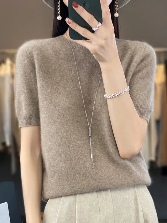 100% Pure Wool Women’s O-Neck Pullover T-Shirt – Spring Summer Loose Short Sleeve High-End Sweater Top