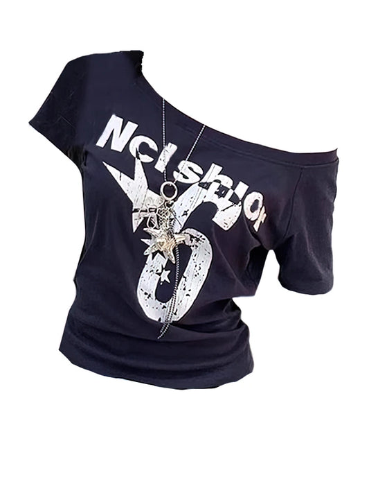 Y2K Sport Summer Off-Shoulder Top Women Sexy Vintage 2000s Short Sleeve Crop T-Shirt