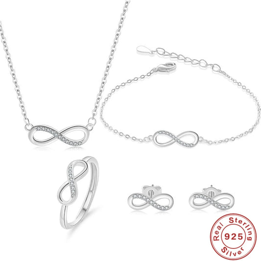 925 Sterling Silver Jewelry Set with Inlaid Crystal Zircon – Women’s Mobius Loop Necklace, Bracelet, and Earrings for Party and Gift