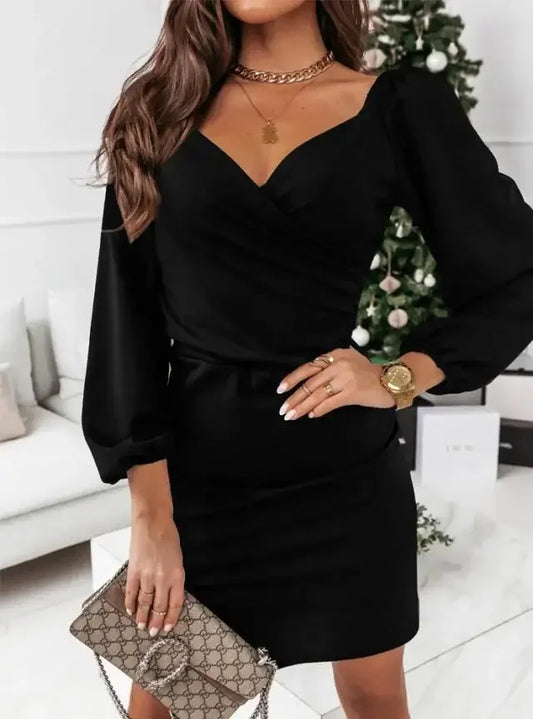 Women's Clothing Autumn and Winter New Fashion Commuter V-neck Dress Ladies Casual Cross Long Sleeve Pullover Dress