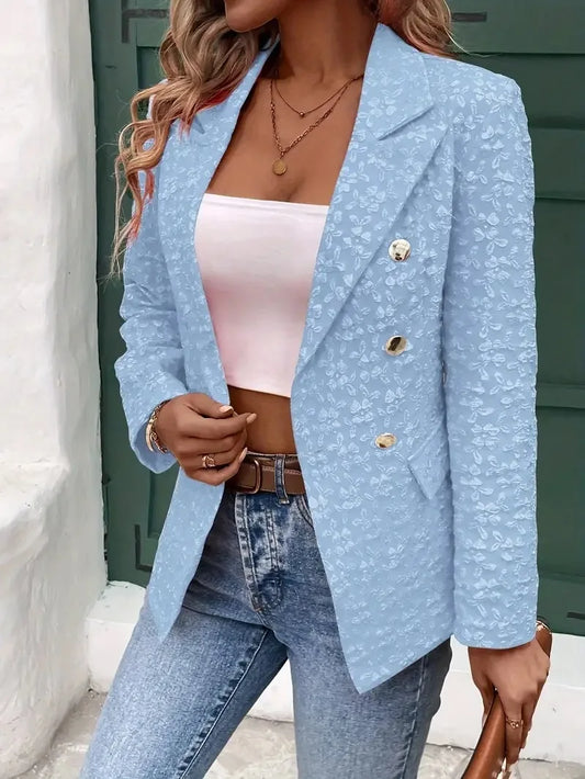 Women Fashion Blue Blazer Jacket 2024 New Office Lady Double Breasted Pockets Vintage Female Coat