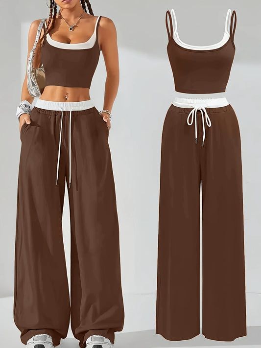 Spring Autumn Color Block Short Strap Top and Wide Leg Pants Women’s Two-Piece Set Casual Loose Belly-Baring Streetwear
