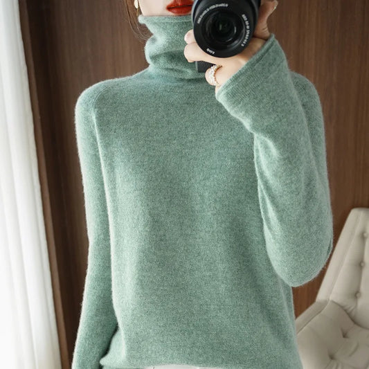 Women Winter Cashmere Turtleneck Sweater Korean Casual Solid Knitwear Brown Bottoming Pullover