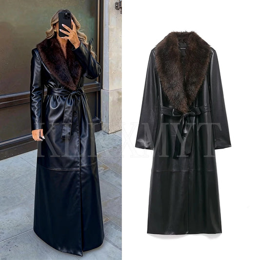 Winter Women Fashion With Faux Fur Collar Coat Woman Chic Faux Leather Jacket Long Sleeve Belt Casual New Outerwear 