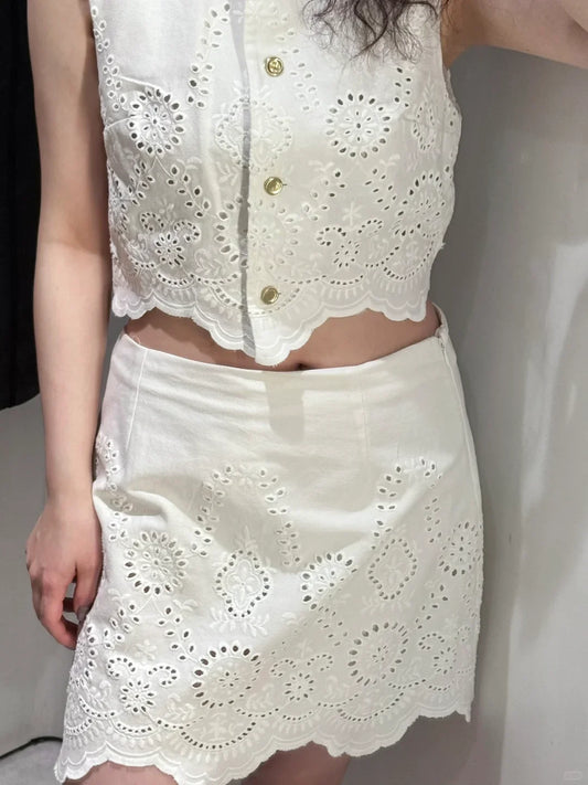 High Street Fashion Women's Outfits Embroidered Hollow Button Vest Mini Skirt Summer Fashion Elegant Holiday Mujer Outfits