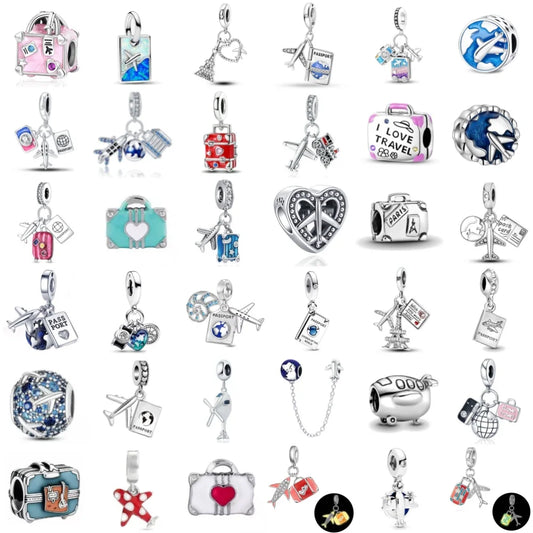 925 Silver Airplane Passport Travel Suitcase Blue Pendant Beads Fit Original Bracelet DIY Jewelry Accessories Pink Luggage Charm