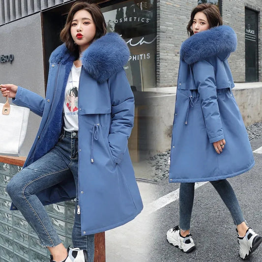 2025 New Women’s Winter Parka Jacket – Long Hooded Coat with Wool Liner and Fur Collar, Thick Warm Snow Wear 6XL