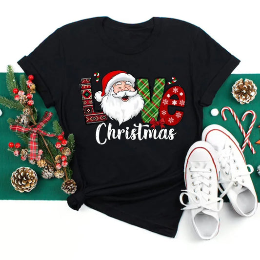 Funny Love Merry Christmas Women's T-Shirt – Santa Print Casual Xmas Party Top in Black, Red, White