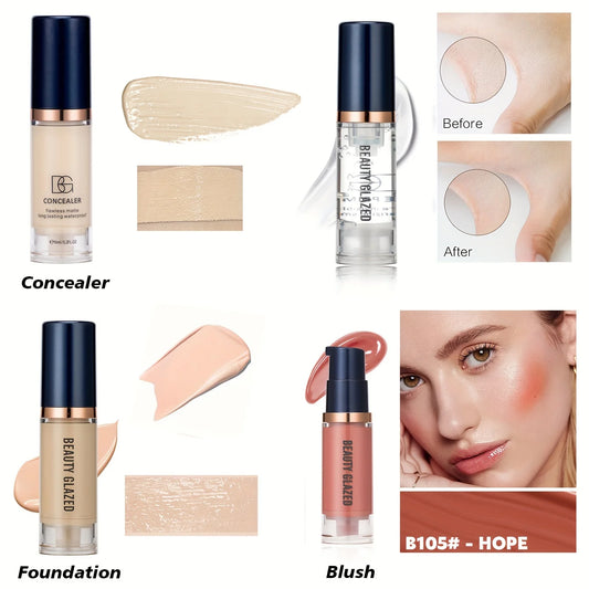4Pcs Set Primer + Concealer + Liquid Foundation + Liquid Blush Matte Velvet Waterproof Foundation Blush Makeup For Travel