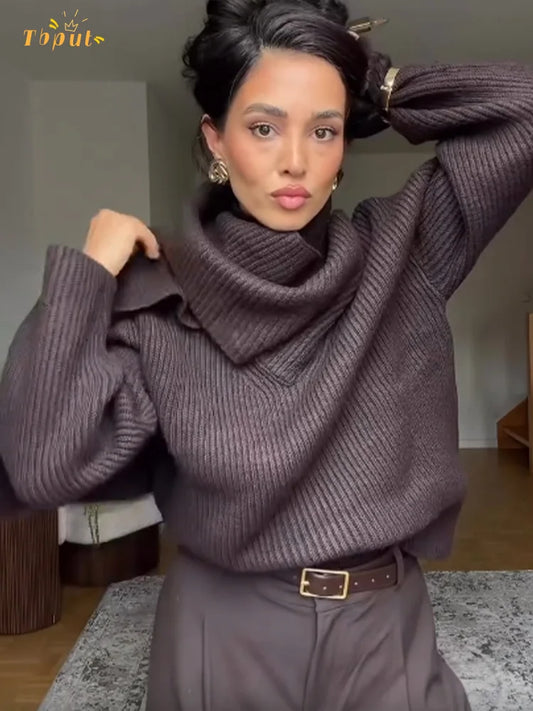 Brown Turtleneck Knitted Pullover Women Solid Casual Scarf Collar Long Sleeve Loose Warm Sweater 2025 Office Knitwear