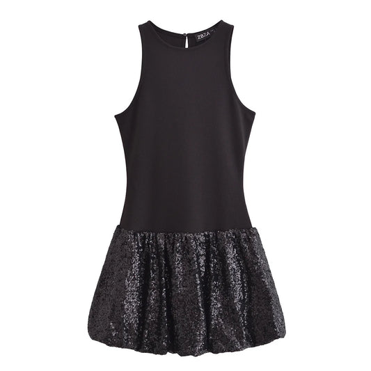 Fashion Party Dress for Women Fashion Autumn Winter New Round Neck Sleeveless Sequined Patchwork Chic Female Evening Clothing