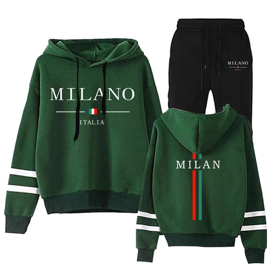 Italy Milan Women’s Tracksuit Hooded Sweatshirt Black Sweatpants High Grade Casual Sports Streetwear Outfit