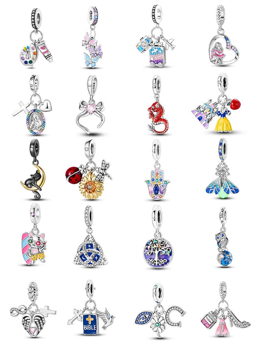 New 925 Pure Silver Angel Wings Heart Little Bird Black Swan Owl Sunflower Pendant Fits Original Bracelet Necklace Jewelry