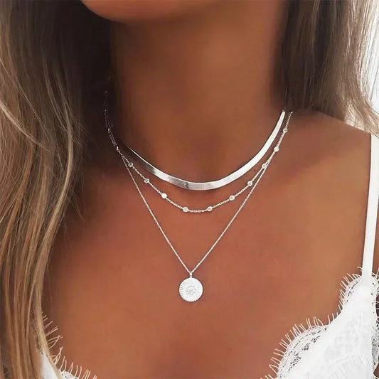 925 Sterling Silver Three-Layer Round Necklace for Women – Simple Snake and Charm Ball Chain Jewelry for Party and Gift