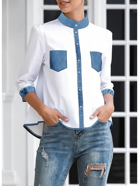 Women's Fashion Contrast Color A-line Blouses Loose High-low Buttoned Stand Collar Casual Daily Shirts Tops