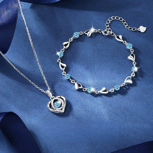 925 Sterling Silver Heart-Shaped Necklace and Bracelet Set – Women’s Vintage Korean Blue Crystal Jewelry for Party