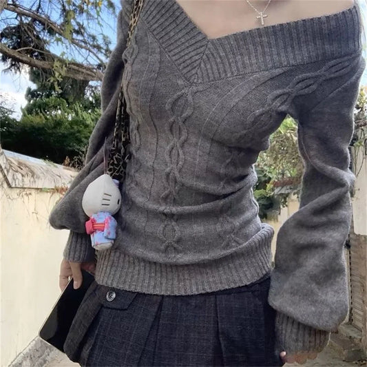 Fashion Vintage V-Neck Knitted Top Women 2025 Early Autumn Slim Long Sleeve Pullover Sweater Gray