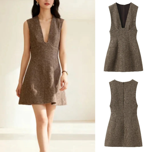 2025 Fall Fashion Trendy Sexy Women's Wool Deep V-Neck Short Dress