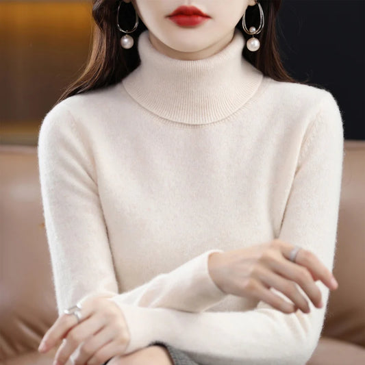100% Merino Wool Cashmere Sweater Women Knitted Turtleneck Long Sleeve Pullover Autumn Winter Warm Jumper Top