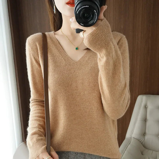 Women’s Sweater 2025 Autumn Winter V-Neck Slim Fit Knitted Pullover Solid Basic Knitwear Jumper
